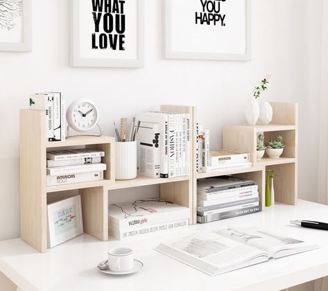 Now your books can have a designated place and you're not shuffling around tons of papers just to sit down! **Note that there are two units next to each other in the photo above. Desk Organisation, Office Organization At Work, Decor Eclectic, White Desk, Study Room Decor, Desktop Organizer, Organizer Storage, Diy Desk, Wood Display