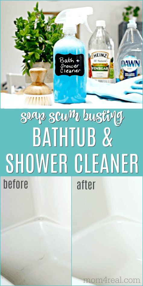 Cleaning the bathtub and shower may be one of my least favorite tasks, but this 2 ingredient tub and shower cleaner literally makes it so much easier. This tough cleaning mixture cuts through soap scum quicker and easier than any store bought cleaner I've ever used and is made with non-toxic ingredients! Tub And Shower Cleaner, Soap Scum Cleaner, Homemade Bathroom Cleaner, Daily Shower Cleaner, Homemade Shower Cleaner, Homemade Cleaning Recipes, Bathtub Cleaner, Vinegar Cleaner, Homemade Cleaning Supplies