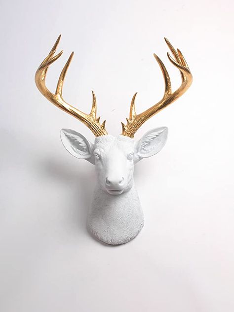 Deer Head Wall Mount, Faux Deer Head, Wall Decor Amazon, Blue Flowers Background, Animal Head Wall Decor, White Faux Taxidermy, Gold Deer, White Deer, Faux Taxidermy