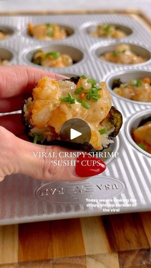 Salmon Shrimp Sushi Bake, Baked Shrimp Sushi Cups, Spicy Shrimp Crispy Rice Cups, Crispy Shrimp Sushi Cups, Sushi Cups Shrimp, Shrimp Seaweed Cups, Shrimp Sushi Bites, Rice Cups Baked, Shrimp Sushi Bake Cups