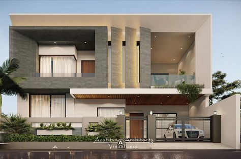 16 simply inspiring contemporary elevation for your next home. - Aastitva Home Front Design, House Front Elevation, Front Elevation Design, Front Wall Design, 2 Storey House Design, Small House Design Exterior, Front Elevation Designs, New Architecture, Modern House Facades