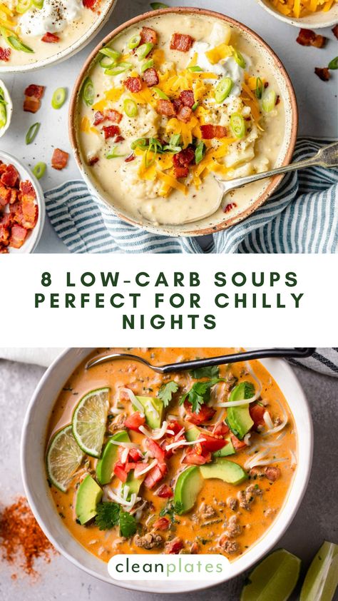 Warming, filling soups are perfect for cold winter nights. These low-carb recipes are so nourishing -- grab a spoon! Clean Keto Soup Recipes, Keto Soup No Dairy, Healthy Creamy Crockpot Soups, Keto Crockpot Soup Recipes Low Carb, Thick Soup Recipes Healthy, Low Carb Crock Pot Recipes Soup, Low Carb Fall Soup Recipes, Creamy Low Carb Soup, Low Carb Stews And Soups