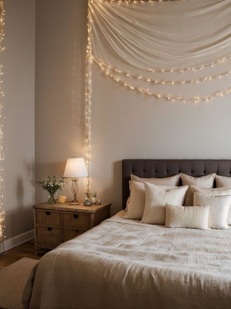 Lights Beside Bed, Aesthetic Landscapes, Enchanting Aesthetic, Rattan Bed Frame, Landscape Tapestry, Rattan Bed, Tapestry Bedroom, Fairy Lights, Bed Frame