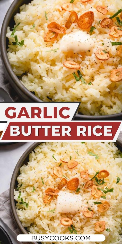 Garlic butter rice is an amazingly flavorful side dish that goes well with almost every cuisine that there is. Garlic Rice Recipe, Garlic Rice Recipes, Garlic Butter Rice, Buttery Rice, Garlic Chips, Vegetarian Chicken, Garlic Rice, Butter Rice, Long Grain Rice