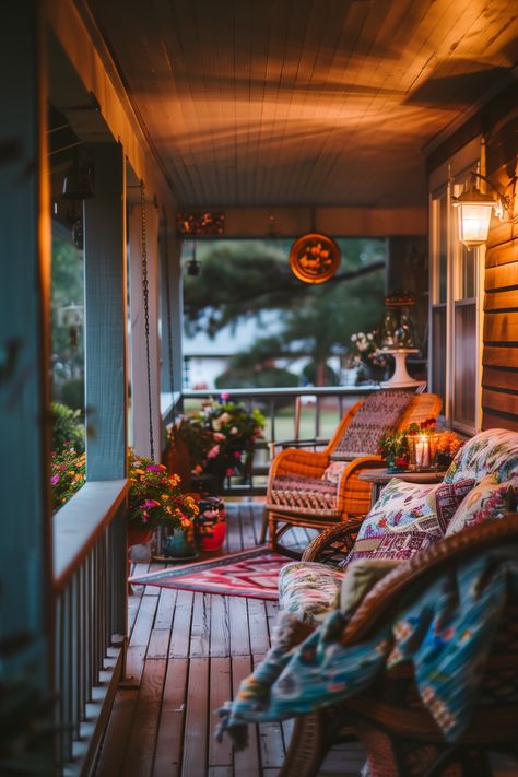 Step into an inviting twilight retreat with this cozy covered porch. The warm glow of the lantern, vibrant potted plants, and charming seasonal decor create a peaceful atmosphere perfect for unwinding. The traditional wooden flooring and country-style design make it the ideal spot to relax and enjoy the tranquil evening. Find your moment of rest and relaxation in this charming setting. Fall Balcony, Mini Fire Pit, Balcony Decorating Ideas, Autumn Porch, Fantasy House, Cozy Autumn, Rest And Relaxation, Balcony Design, Fall Porch