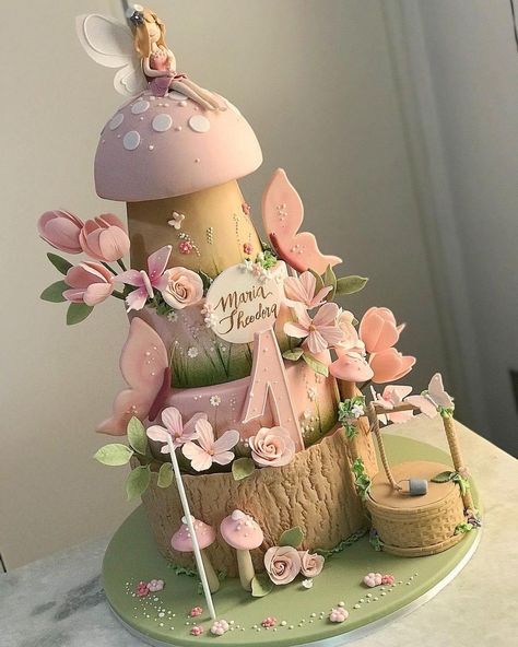 Fairy Enchanted Cake, Fairy Cake Ideas Enchanted Garden, Fondant Fairy Cake Topper, Enchanted Fairy Garden Birthday Cake, Enchanted Garden Theme Cake, My Fairy First Birthday Cake, Fairies Birthday Cake, Birthday Cake Fairy Theme, Enchanted Fairy Garden Cake