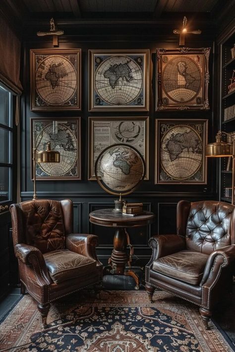 Cartographer's Enclave Dark Academia Interior, Academia Decor, Dark Academia Decor, Whimsical Home, Bachelor Pad, المملكة العربية السعودية, Fantasy Map, Antique Wood, Dark Academia Aesthetic