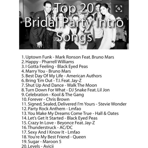 Trying to plan what songs your bridal party is going to enter the reception in? Check out the top 20 list! Diy Wedding Music, Bridal Party Entrance Song, Bridal Party Entrance, Reception Entrance Songs, Processional Songs, Best Wedding Songs, I Gotta Feeling, Entrance Songs, Bridal Songs