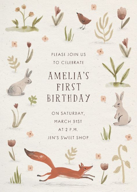 The Fox and the Hare | Send online instantly | RSVP tracking Fox Birthday Invitations, Party Animal One Year, Fox First Birthday, 1 Birthday Invitation, 1st Birthday Invitation Template, Fairy Tea Parties, Baby Animal Drawings, Belated Birthday Card, Birthday Party Set