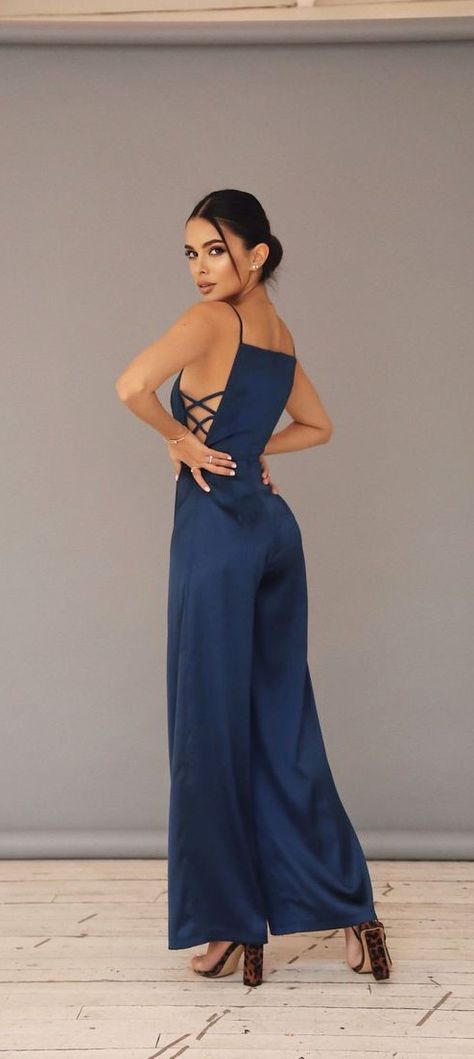 Blue Jumpsuits Outfit, Jumpsuit Outfit Wedding, Fancy Jumpsuit, Formal Top, Belly Shirts, Formal Jumpsuit, Formal Tops, Satin Jumpsuit, Wedding Jumpsuit