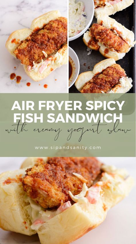 These Air Fryer Spicy Fish Sandwiches are served up on sweet Hawaiian rolls, drizzled with a spicy vinaigrette and topped with a creamy yogurt slaw. The sweet heat paired with the cooling slaw is a match made in sandwich heaven. Air Fryer Fish Sandwich, Fish Sandwich Air Fryer, Air Fryer Sandwiches, Crispy Air Fryer Fish, September Meals, Sweet Hawaiian Rolls, Fish Sandwich Recipes, Spicy Sandwich, Hot Chicken Recipe