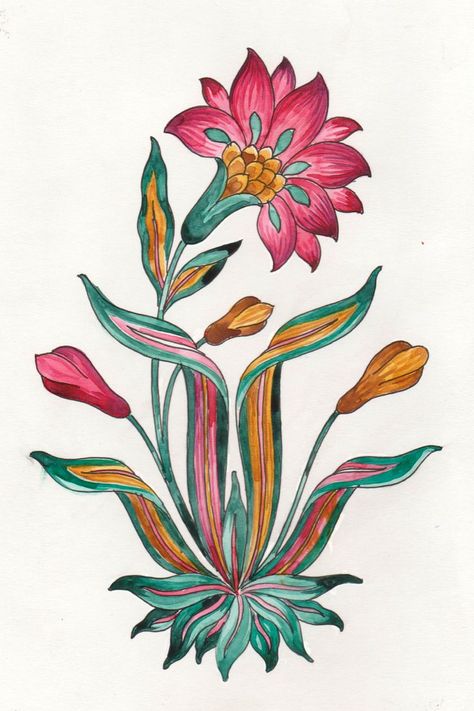 Mughal Prints, Mughal Flowers, Mughal Flower, Mughal Art Paintings, Botanical Flower Art, Folk Art Flowers, Print Design Art, Mughal Art, Art Painting Gallery