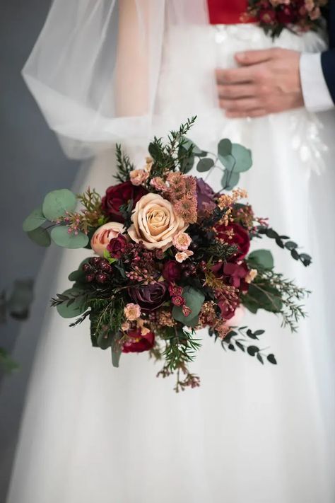 Rosewood Wedding Bouquet, Burgundy Eucalyptus Bouquet, Burgundy Peony Bridal Bouquet, Wedding Flowers Autumn Burgundy, Small Dark Wedding Bouquet, Burgundy And Gold Boutonniere, Dark Burgundy Flowers, Cranberry Wedding Bouquet, Wine And Blush Wedding Flowers