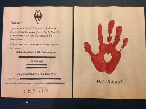 Skyrim birthday party! Invitations Skyrim Room, Skyrim Birthday, Skyrim Wedding, Skyrim Party, Gaming Wedding, Nerd Party, Golden Birthday Parties, Skyrim Art, Organisation Tips