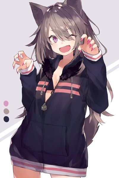 Anime picture	original shugao long hair single tall image looking at viewer open mouth light erotic fringe brown hair simple background purple eyes animal ears one eye closed tail wink animal tail nail polish fingernails long fingernails 	650x970	511567	en Pet Anime, Anime Illustration, Anime Wolf, Anime Animals, Anime People, Anime Cat, Drawing Tutorials, Cat Girl, Anime Kawaii