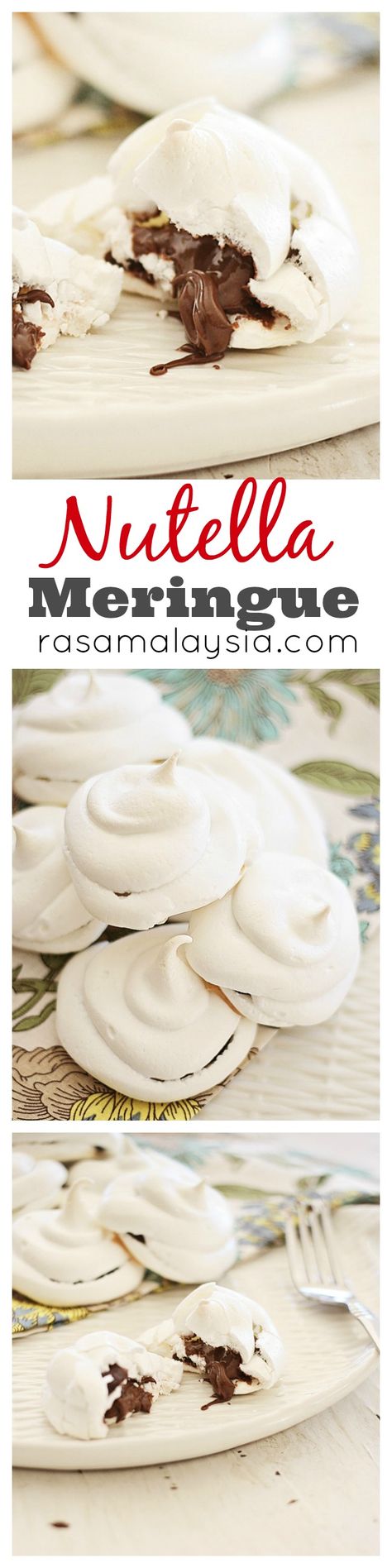 Light and sweet Nutella Meringue. Every bite is filled with thick gooey Nutella. Easy Nutella Meringue recipe that anyone can make at home | rasamalaysia.com Stuffed Meringue Cookies, Nutella Recipes, Easy Delicious Recipes, Yummy Sweets, Easy Delicious, Eat Dessert, Sweets Desserts, Decadent Desserts, Sweets Treats