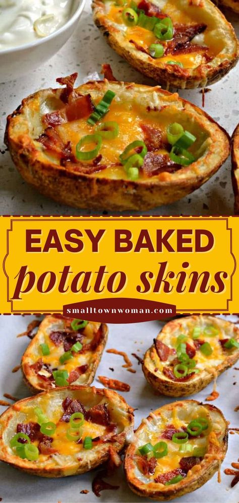 BAKED POTATO SKINS, game day food, football party, snack ideas, appetizer recipes Easy Memorial Day Food, Baked Potato Rounds, Potato Skins Appetizer, Crispy Potato Skins, Easy Baked Potato, Potatoe Skins Recipe, Baked Potato Skins, Potato Appetizers, Potato Skin