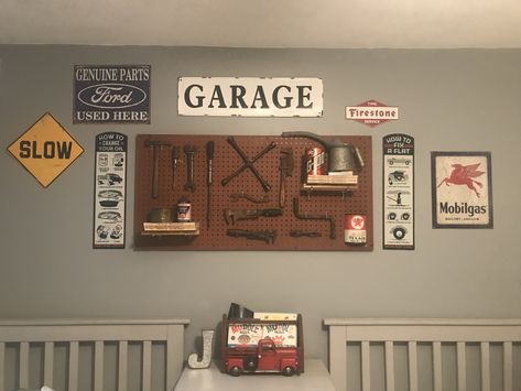 Tool Themed Nursery, Tool Nursery Theme, Car Garage Theme Nursery, Garage Theme Nursery, Mechanic Nursery, Boys Tractor Bedroom, Mechanic Themed Nursery, Vintage Car Room For Boys, Mechanic Nursery Theme