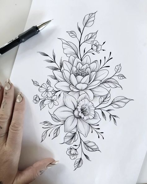 Floral bouquet of a water lily and daffodil in black and grey illustration. Tattoo Designs Fine Line, Floral Fine Line Tattoo, Fine Line Tattoo Design, Floral Fine Line, Narcissus Tattoo, Line Tattoo Design, Daffodil Flower Tattoos, Narcissus Flower Tattoos, Tattoo With Meaning