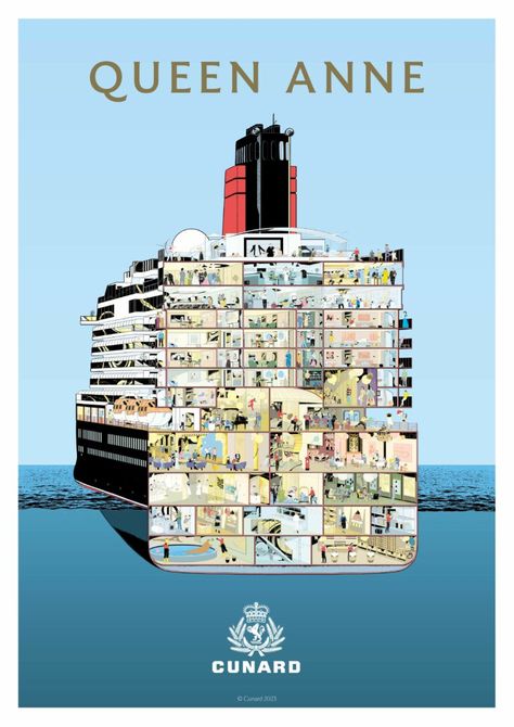 Cruise line Cunard unveiled a remarkable new cutaway image of its newest ship, Queen Anne, which pays homage to the luxury cruise line’s uniquely rich heritage and will debut in 2024. This magnificent cutaway encapsulates the essence of playful luxury that guests will experience on board its newest ship. © Cunard Cunard Ships, Cunard Cruise, Deck Plan, Queen Anne House, Co Housing, Cunard Line, Cruise Liner, Rms Titanic, House Illustration