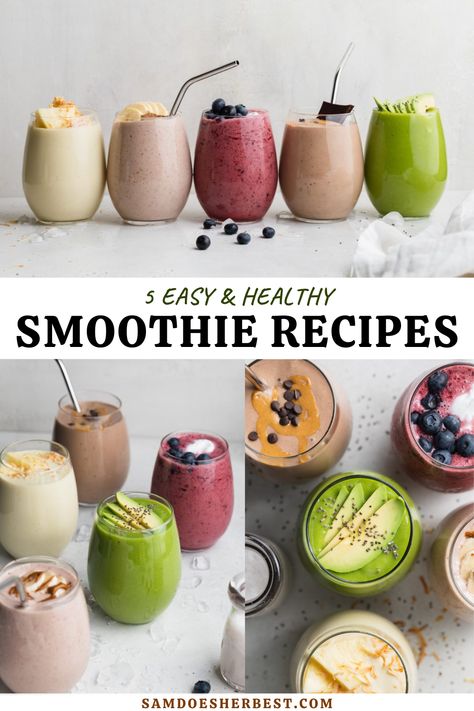 Here are the 5 smoothie recipes I make constantly! They're SUPER healthy, incredibly delicious, and come together in only a few minutes. These healthy smoothies are the perfect quick, easy, and portable breakfast or snack! Glowing Green Smoothie, Portable Breakfast, Easy Healthy Smoothie Recipes, Delicious Smoothie Recipes, Healthy Smoothie Recipes, Easy Healthy Smoothies, Smoothie Recipes Healthy Breakfast, Healthy Plant Based Recipes, Protein Smoothie Recipes