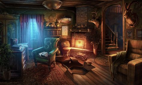 concept Fantasy Living Room Art, Fantasy Cabin, Hidden Object Game, Fantasy Shop, Fantasy Rooms, Fantasy Setting, Fantasy Places, Environment Design, Environment Concept Art