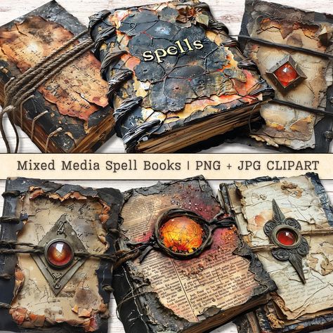 Halloween Altered Books, Mixed Media Halloween, Mini Spell Book, Junk Journal Covers, Collage Cutouts, Books Clipart, Mixed Media Boxes, Halloween Spell Book, Halloween Junk Journal