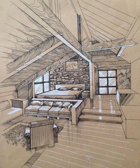 Interior Designing Drawing, Architecture Room Drawing, Room Sketches Interior Design Plan, Room Drawings Sketches Interior Design, Bedroom Concept Design, Sketches Houses Architecture, Bedroom Architecture Drawing, Interior Designer Sketches, Rendering Architecture Sketches