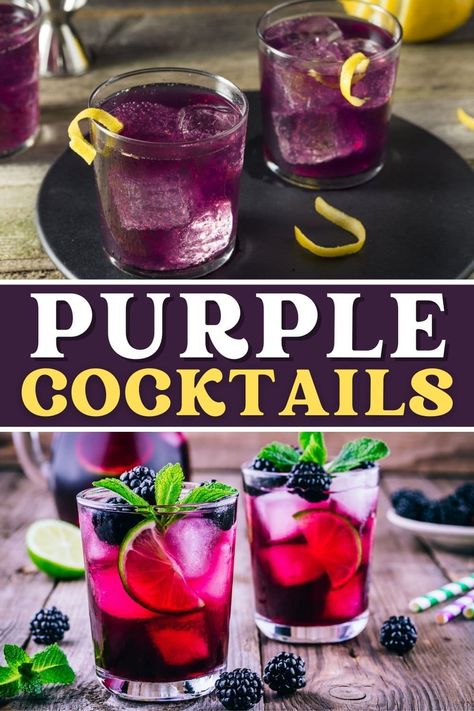 Serve up something fun with these pretty purple cocktails! From martinis to witches brew to a daiquiri, these boozy drinks are bound to be a hit. Purple Signature Drinks, Purple Drinks Alcohol, Purple Liquor, Cocktails Drawing, Purple Cocktails, Purple Drinks, Raspberry Vodka, Pretty Cocktails, Purple Food