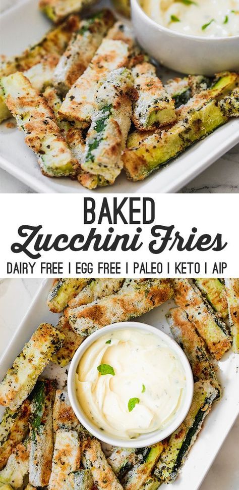 These baked low carb zucchini fries are crispy and delicious! They're made with coconut flour and are nut free, egg free, dairy free, paleo, keto, and AIP compliant. #zucchinifries #keto #dairyfree #nutfree #paleo #aip #lowcarb #healthy Paleo Zucchini Fries, Keto Dairy Free, Aip Keto, Zucchini Pommes, Low Carb Zucchini Fries, Baked Zucchini Fries, Keto Dairy, Baked Zucchini, Dairy Free Paleo