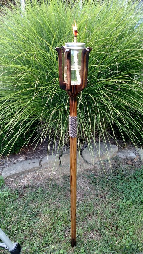 My DIY tiki torch with a mason jar. Diy Tiki Torch, Torches Diy, Build Inspiration, Tiki Torches, Lawn Ornaments, Diy Art Projects, Girls Camp, Diy Games, Gaming Decor