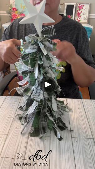 Quick & Easy Fabric CHRISTmas Tree 🎄 
#christmasinjuly #christmasdiy #christmasdecor | By Designs by DinaFacebook Fabric Rag Tree, Diy Rag Tree, Rag Christmas Tree Fabric Strips, Rag Christmas Tree Diy, Rag Trees How To Make, Rag Trees Diy, Fabric Trees Christmas Diy, Rag Christmas Trees, Diy Fabric Christmas Tree