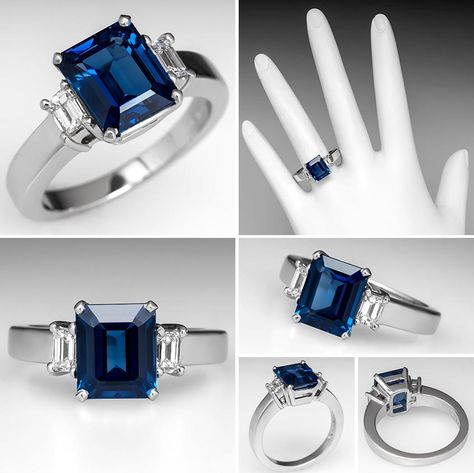 Sapphire Engagement Ring Emerald Cut, Engagement Ring Three Stone, Blue Sapphire Jewelry, Engagement Ring Platinum, Three Stone Diamond Rings Engagement, Ring Three Stone, Sapphire Rings, Three Stone Engagement Ring, Engagement Rings Platinum