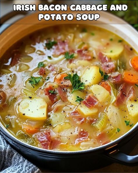 Cabbage And Potato Soup, Bacon Cabbage, Cabbage Potato Soup, Irish Potato Soup, Potato Cabbage, Irish Bacon, Potato Bacon Soup, Irish Potato, Cabbage And Potatoes