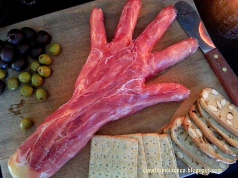 After starting off my 'Summer of Halloween' blogs with a way cool candy recipe , now we're really off and running with Halloween spirit wi... Amputated Arm Appetizer, Cheese Hand Halloween, Procuitto Hand Halloween, Prosciutto Arm Halloween, Halloween Procuitto Hand, Halloween Meat Hand, Prosciutto Halloween, Prosciutto Hand Halloween, Amputated Appetizer