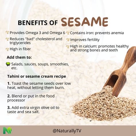 These little seeds are full of energy and vitality.✅  Sesame seeds are an incredible source of essential nutrients that can transform your daily well-being.  With their high content of minerals and vitamins, these natural jewels help you strengthen your defenses, improve the health of your skin and boost your energy.⚡  Incorporate this magical ingredient into your diet and feel the difference! 💪  Ready for a positive change? Turn your health around today! #Naturallytv #sesame #tips #30oct Sesame Oil For Skin, Seeds Benefits, Oil For Skin, Improve Fertility, Strong Bones, Nuts & Seeds, Boost Your Energy, Essential Nutrients, Cream Recipes