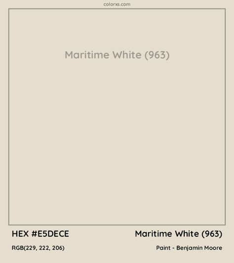 Benjamin Moore Maritime White (963) Paint color codes, similar paints and palettes Maritime White Benjamin Moore Kitchen, Bm Maritime White, Maritime White Benjamin Moore, Benjamin Moore Maritime White, Hallway Refresh, Deck Paint Colors, Benjamin Moore Kitchen, Townhouse Ideas, Paint Guide