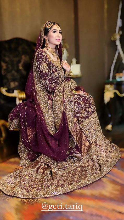 Purple Nikkah Dress, Purple Desi Wedding Dress, Plum Bridal Lehenga, Purple Dabka Wedding Dress, Purple Pakistani Wedding Dress, Indian Wedding Outfit Bride, Plum Wedding Dresses, Pakistani Red And Gold Wedding Dress, Pakistani Bridal Lehenga