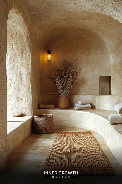 A serene meditation space with curved walls resembling a desert cave, featuring natural textures and warm lighting. Meditation Room Decor Zen Space, Meditation Sanctuary, Wellness Room At Home, Diy Meditation Room, Healing Room Ideas, Self Care Space, Plant Walls, Wellness Room, Spa Inspired Bathroom