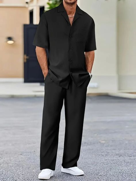 Black Pants Outfit Men, Black Men Casual Style, Jogger Outfit, Party Outfit Men, Black Pants Outfit, Black Outfit Men, Camp Collar Shirt, Pants Outfit Men, Classy Outfits Men