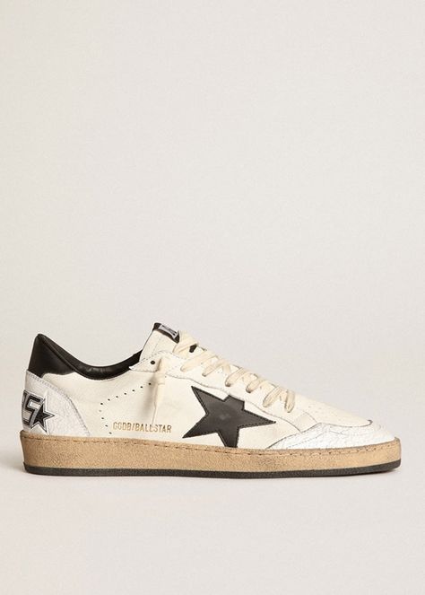 Golden Goose Deluxe Brand Ball Star in White & Black | Tula's Designer Boutique Golden Goose Ball Star, Golden Family, Sneakers Street Style, Exclusive Sneakers, Golden Goose Deluxe Brand, Star Sneakers, Black Leather Heels, Silver Heels, Footwear Design Women