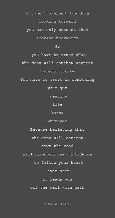 "You can't connect the dots looking forward you can only connect them looking backwards. So you have to trust that the dots will somehow connect in your future. You have to trust in something: your gut, destiny, life, karma, whatever. Because believing that the dots will connect down the road will give you the confidence to follow your heart, even when it leads you off the well worn path. "— Steve Jobs You Cant Connect The Dots Looking Forward, Steve Jobs Quotes Connect The Dots, Steve Jobs Connect The Dots, Flat London, Let Go Of Perfectionism, Wise Advice, Connecting The Dots, Steve Jobs Quotes, International Coffee