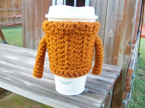 Starbucks PSL Sweater Coffee Cozy Crochet Pattern Starbucks Psl, Knit Coffee Cozy, Coffee Cozy Pattern, Crochet Coffee Cozy, Coffee Sweater, Cozy Crochet Patterns, Mug Cozy, Coffee Sleeve, Crochet Kitchen