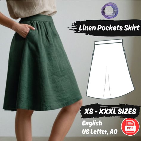 Cottagecore Linen Skirt Sewing Pattern Vintage Pockets Skirt Pattern Summer Skirt Pattern XS 3XL Instructions - Etsy Pocket Skirt Pattern, Summer Skirt Pattern, Sewing Pattern Vintage, Skirt Sewing Pattern, Skirt Sewing, Elastic Waist Skirt, Skirt Patterns Sewing, Sewing Skirts, Pocket Pattern