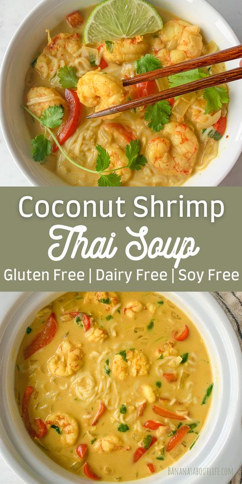 Coconut shrimp thai soup Thai Shrimp Recipes Coconut Milk, Coconut Milk Noodles, Gluten Free Dairy Free Recipes Breakfast, Soup Gluten Free Dairy Free, Gluten Free Dairy Free Recipes Dessert, Shrimp Thai, Thai Shrimp Soup, Gluten Free Dairy Free Recipes Dinner, Shrimp Soup Recipes