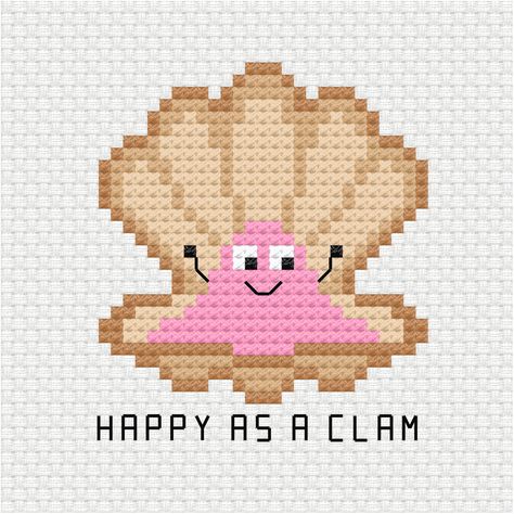 This cute clam pun has been the latest addition to the pun cross stitch pdf pattern series I am building up for my patrons Happy as a clam cross stitch pdf pattern - Ringcat Alpha Design, Alpha Designs, Kawaii Cross Stitch, Happy As A Clam, Graph Patterns, Cute Cross Stitch, Stitch Art, Cross Stitching, Sea And Ocean