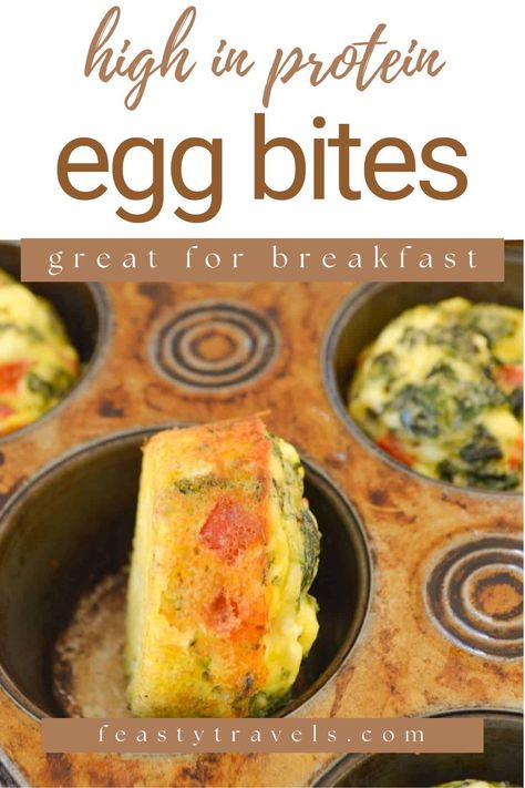 Prep Time 10 mins. · Serves 10 · Egg bites are a great way to have a healthy, high-protein breakfast on the go. This recipe is easy to make and is perfect for meal prepping on the weekends so you have something quick and healthy to eat during busy mornings. These egg bites are made with whole eggs as well as liquid egg whites, making them a nutrient-rich choice that keep you feeling satisfied throughout the day. Remember to follow feastytravels.com for more clean-eating, healthy recipes. High Protein Vegetarian Egg Bites, Protein Egg Bites Recipe, Healthy High Protein Egg Bites, High Protein Egg Bites Recipe, High Protein Breakfast Egg Bites, High Protein Egg Cups, Egg Bites High Protein, High Protein Egg Bites, Protein Egg Bites