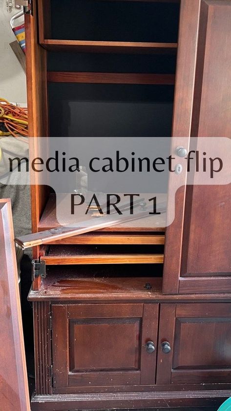 Part1: Follow along as I flip this dated computer / tv cabinet. First steps are to remove all interior hardware, drawers and shelving and making repairs as needed. Next I’ll be replacing the back with bead-board and preparing for paint! What would you use a cabinet like this for? #furnitureflip #furnituremakeover #upcycling #restoration #beforeandafter #datedfurnituremakeover #diy #interiordesign #furnituredesign #furnityrerestorations | Lilly and Cedar | KC & The Sunshine Band · Boogie Shoes ( Repurposed Corner Tv Cabinet, Upcycled Tv Cabinet, Old Tv Cabinet Makeover, Tall Tv Cabinet, Tv Armoire Repurposed, Converting Tv Cabinet To Liquor Cabinet, Bob Timberlake Furniture, Tv Cabinet Redo, Vintage Tv Armoire