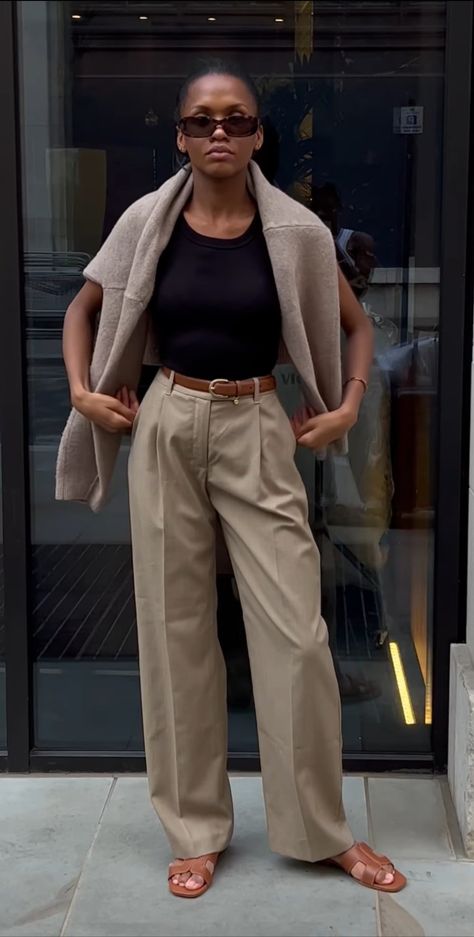 Neutral Corporate Outfit, Tan Slacks Outfit, Relaxed Office Outfits Women, Beige Trouser Outfit Women, Cream Trouser Outfit Women, Camel Pants Outfit Work, Tan Belt Outfit, Tan Pants Outfit Work, Camel Trousers Outfit