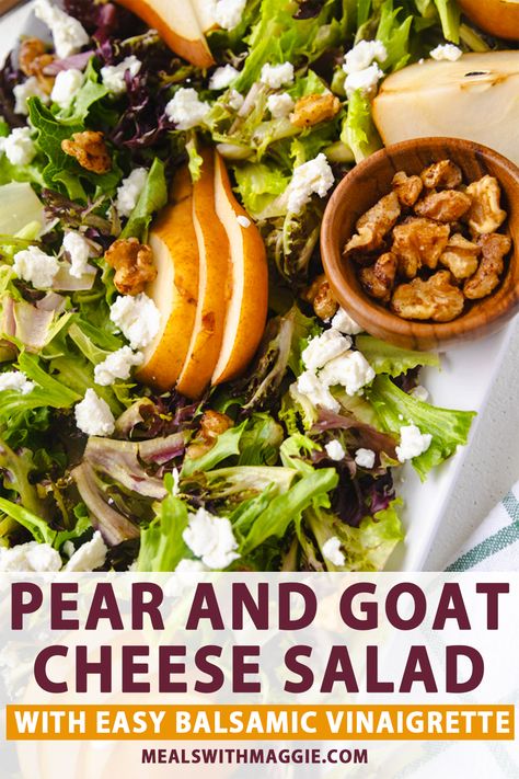 This pear and goat cheese salad is so warm and inviting. It has toasted candied walnuts and a balsamic vinaigrette to top it off. I love putting it over a bed of arugula or artisan lettuce! | Mealswithmaggie.com #pearandgoatcheese #pearsalad #goatcheesesalad Cheese Salad Recipes, Salad Meals, Pear Salad Recipes, Funfetti Cupcakes, Pecan Salad, Pear Salad, Walnut Salad, Winter Salad, Lettuce Salad